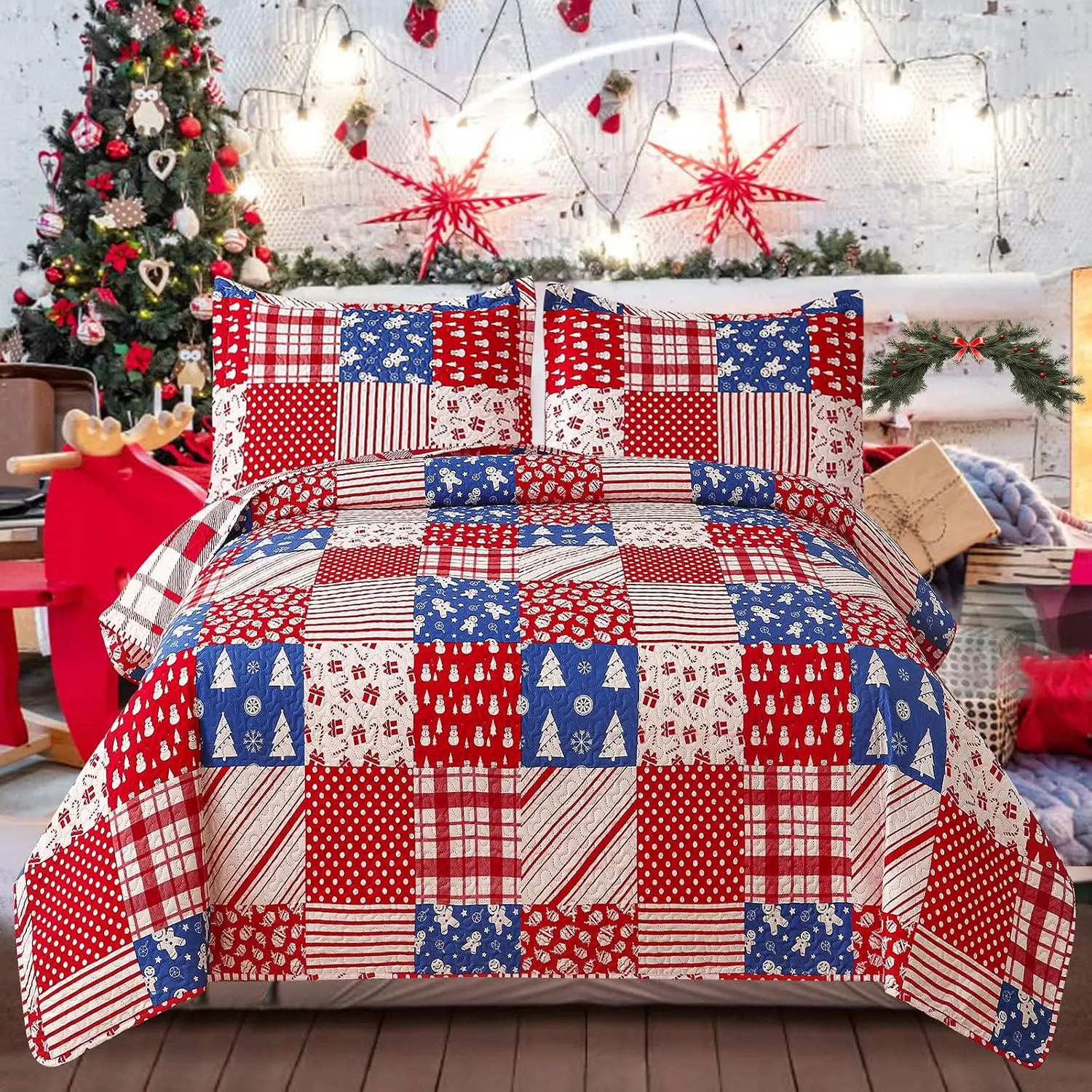 Christmas Bedding Quilts Set  Size Reversible Xmas Bedspread Red  Bedding Breathable Christmas Tree  Box Snowman Coverlet Soft Lightweight Xmas Bed Decor(90"x90")