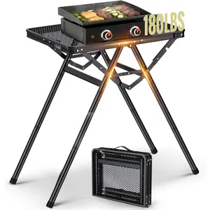 Anbte 2ft Folding Grill Table, Supports 180 Lbs, 2 Adjustable Height 28” Portable Grill Table Heat-Resistant Tabletop, Folding Metal Table for Camping BBQ Cooking Backyard Outdoor, 24" X 16", Black