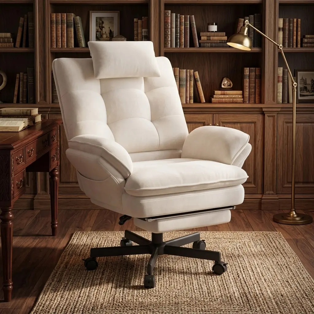 Beige Velvet Criss Cross Office Chair, Extra Wide Cross-Legged 135° Reclining Ergonomic Desk Chair with Flip-Up Arms Adjustable Headrest Retractable Footrest 360° Swivel Silent Wheels Height Adjustable Big and Tall Cloud Padded Task Chair for Home Office