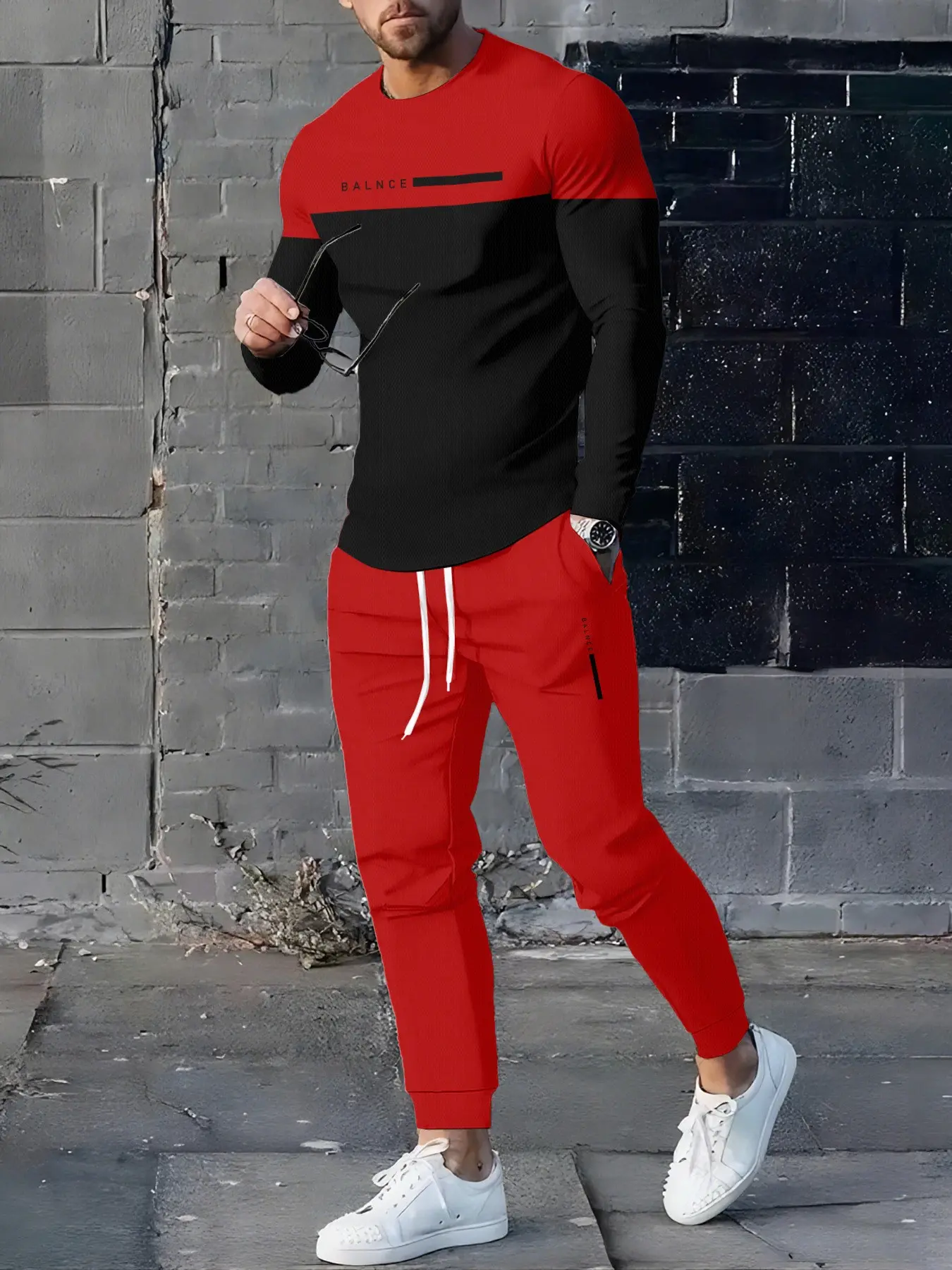 Men's 5-Piece Printed Long Sleeve Sports Set, Casual Loose-Fit Two-Piece, Daily Wear, All over Print, Unlined Suit
