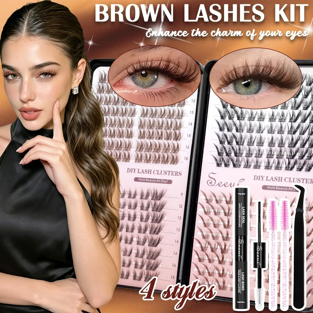 DIY Brown Lash Clusters Kit, 4 Styles Clean Cat Eye Lash Book, Brown Foxy Lash Clusters, Cutey Lash Kit, Faux Mink Lashes Kit, Soft Lightweight Curled Eyelashes, Waterproof Long-Lasting, Includes Bond&Seal&Tweezers, Brushes, Beginner Friendly