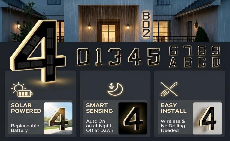 Solar Lighted House Numbers 9 Inch Waterproof LED Address Signs for Outside Modern House Numbers with Large Personalization Options,Decorate your door number, DIY personalisation.Modern Farmhouse Illuminated Sign Light