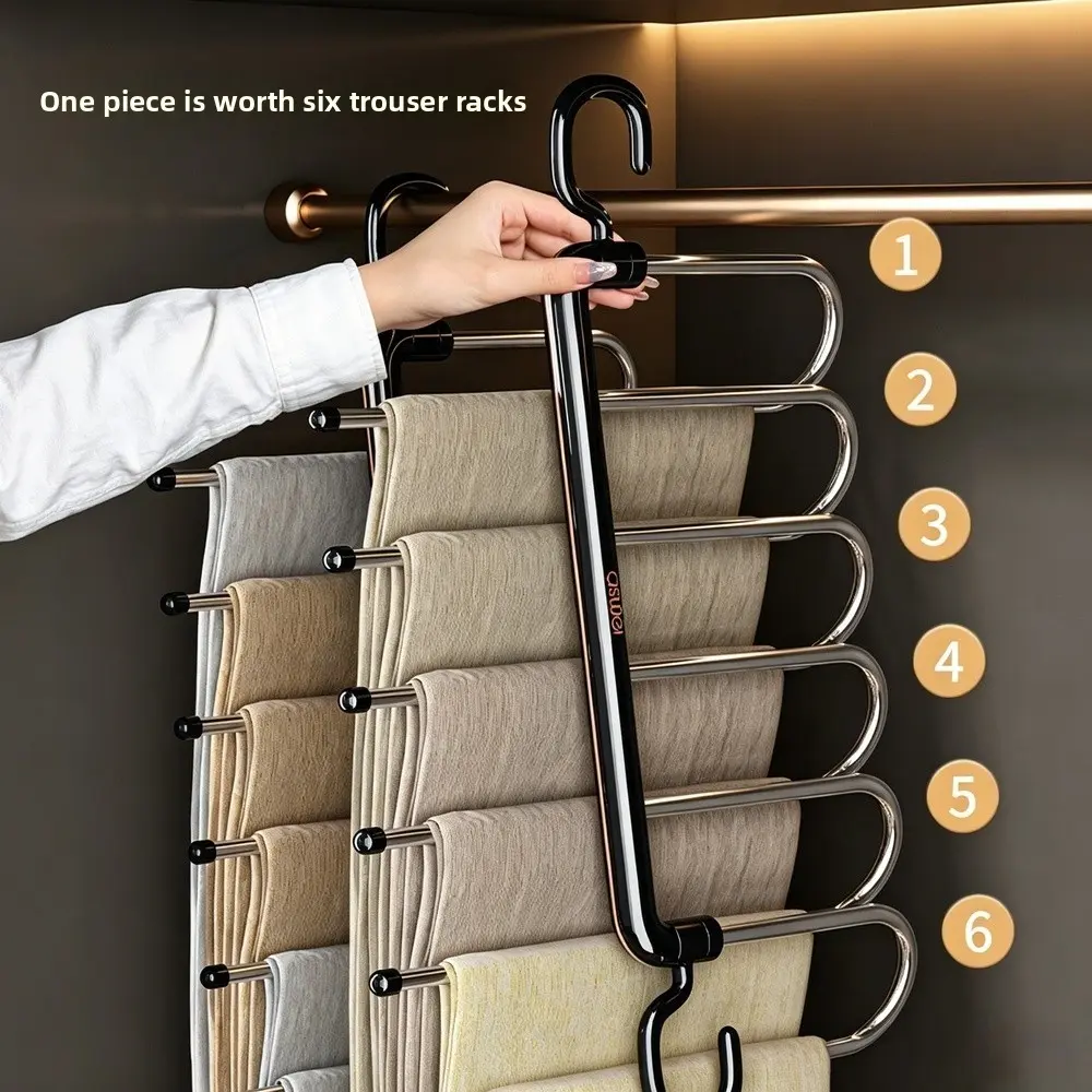 1Pc 6 Tier Metal Pants Hanger, Luxury Black Gold Multi-Layer Anti-Slip Storage Rack, Space Saving Closet Organizer for Pants Shirts Ties Dorm Wardrobe, Clothes Hanger