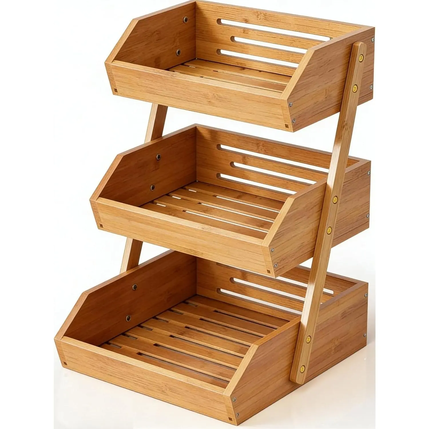 3-Tier Natural Bamboo Fruit & Vegetable Basket Organizer, Ventilated Countertop Kitchen Storage with 2 Removable Banana Hooks, Sturdy for Fruits, Veggies, Snacks, Bread, Easy Assemble