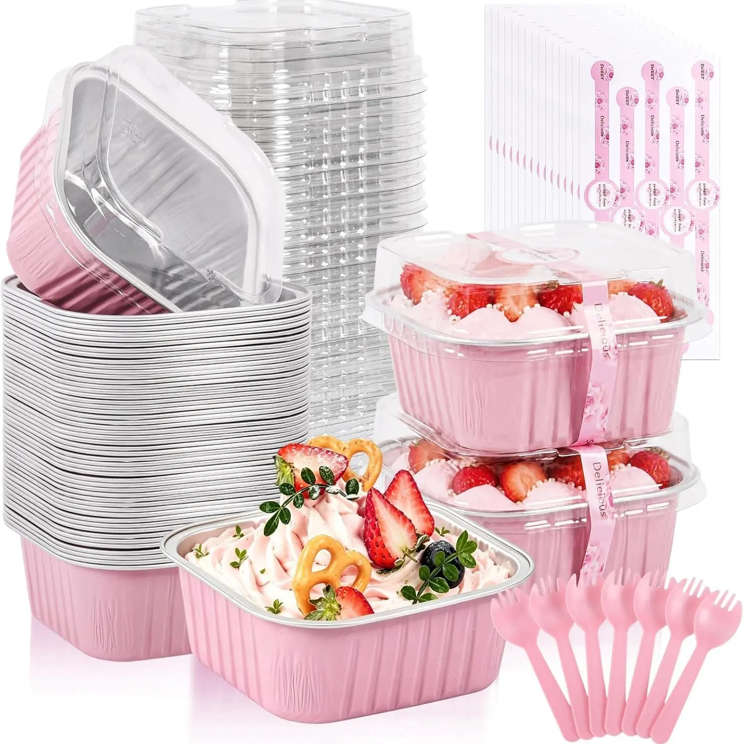 50 Pack Mini Cake Pans With Lids And Spoons,5oz Square Aluminum Foil Brownie Baking Cups,Small Cake Tins,Molds For Baking,Individual Cake Pans With Lids for Wedding Birthday Party Baking Tools