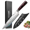 MDHAND Kitchen Chef Knife Set - Color Wood Handle, Japanese Damascus Finish, Stainless Steel, 3.5in Dicing, 5in Santoku Chop, 7in Cleaver, 8in Bread Slice Knife, Ideal for Cooking