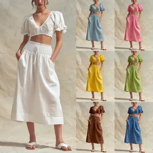 New Fashionable Summer Cotton-Linen V-Neck Puff Sleeve Top + Gathered Over-the-Knee Skirt Set