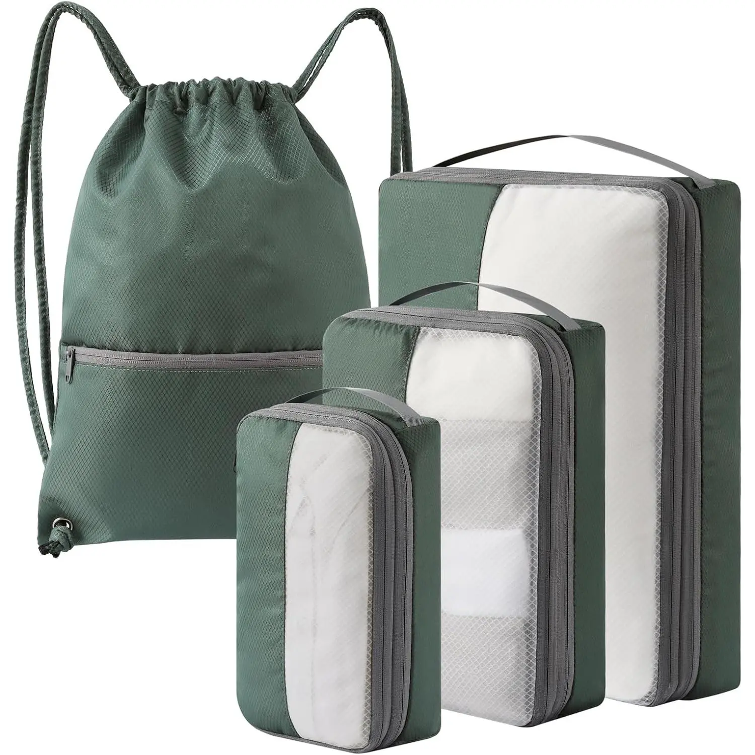 4 Set Compression Packing Cubes for Travel, Bonus Versatile Drawstring Backpack, Lightweight Luggage Organizer Bags, Sturdy Travel Accessories for Suitcase, Dark Green