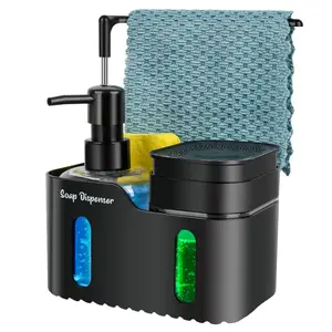 Hand Soap and Dish Soap Dispenser Set for Kitchen, Dual Soap Dispenser with Sponge Holder and Dishcloth Holder 4-in-1 Organizer for Kitchen Sink