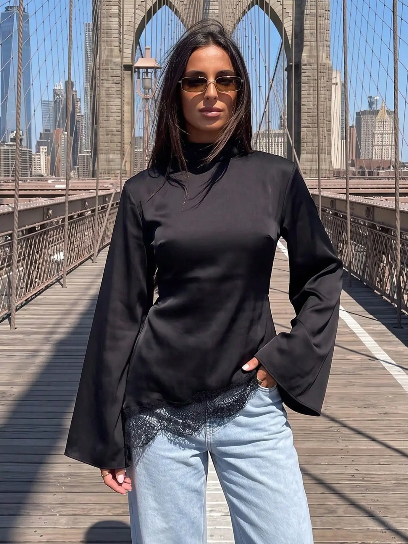 Women's Four-Season Semi-High Neck Long Sleeve T-Shirt, Asymmetrical Lace Trim, Back Cross Tie Bell Sleeve, Slim Fit, Versatile Top