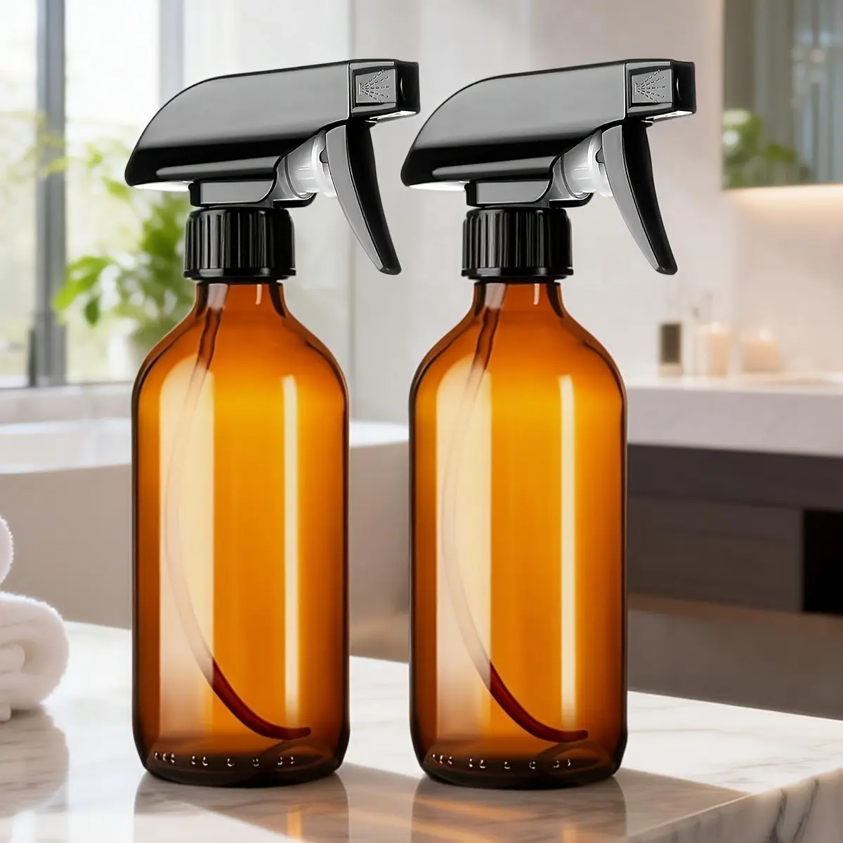 Amber Glass Spray Bottles, 8.5 Oz Capacity, Ideal for Cleaning & Essential Oil Sprays, Reusable Design with Adjustable Nozzle