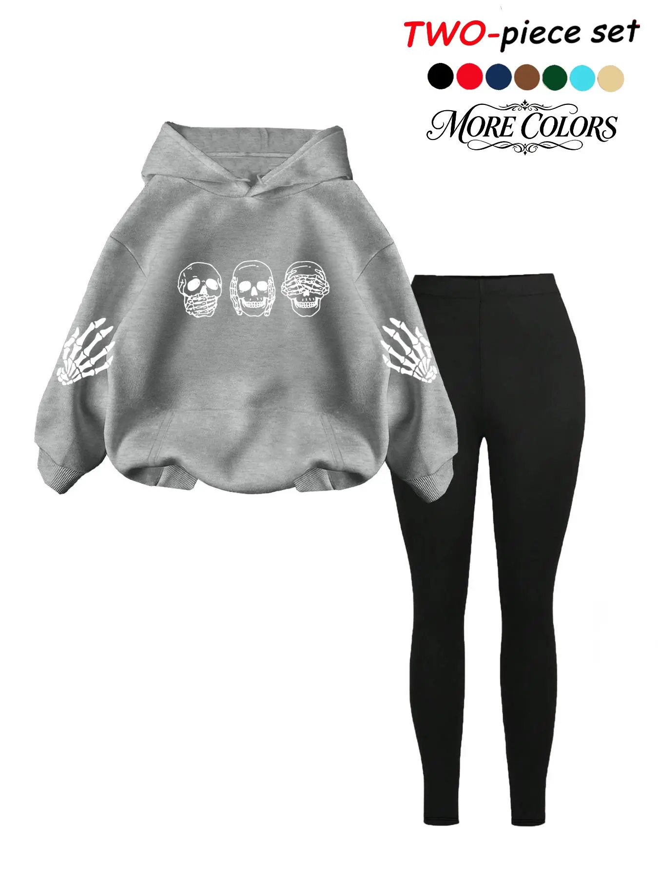 American Halloween Skull Hand Hoodie Set, Loose-Fit Polka Dot Jumper, Elastic Tight Pants, Fall & Winter Casual Wear