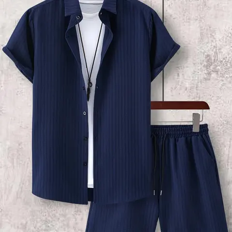 Men's Regular Fit Striped Print Short Sleeve Shirt & Pocket Shorts Two-piece Set without Tee & Necklace, National Day Clothing, Casual Summer Outfits Set for Men, Mens Clothing, Summer Clothes