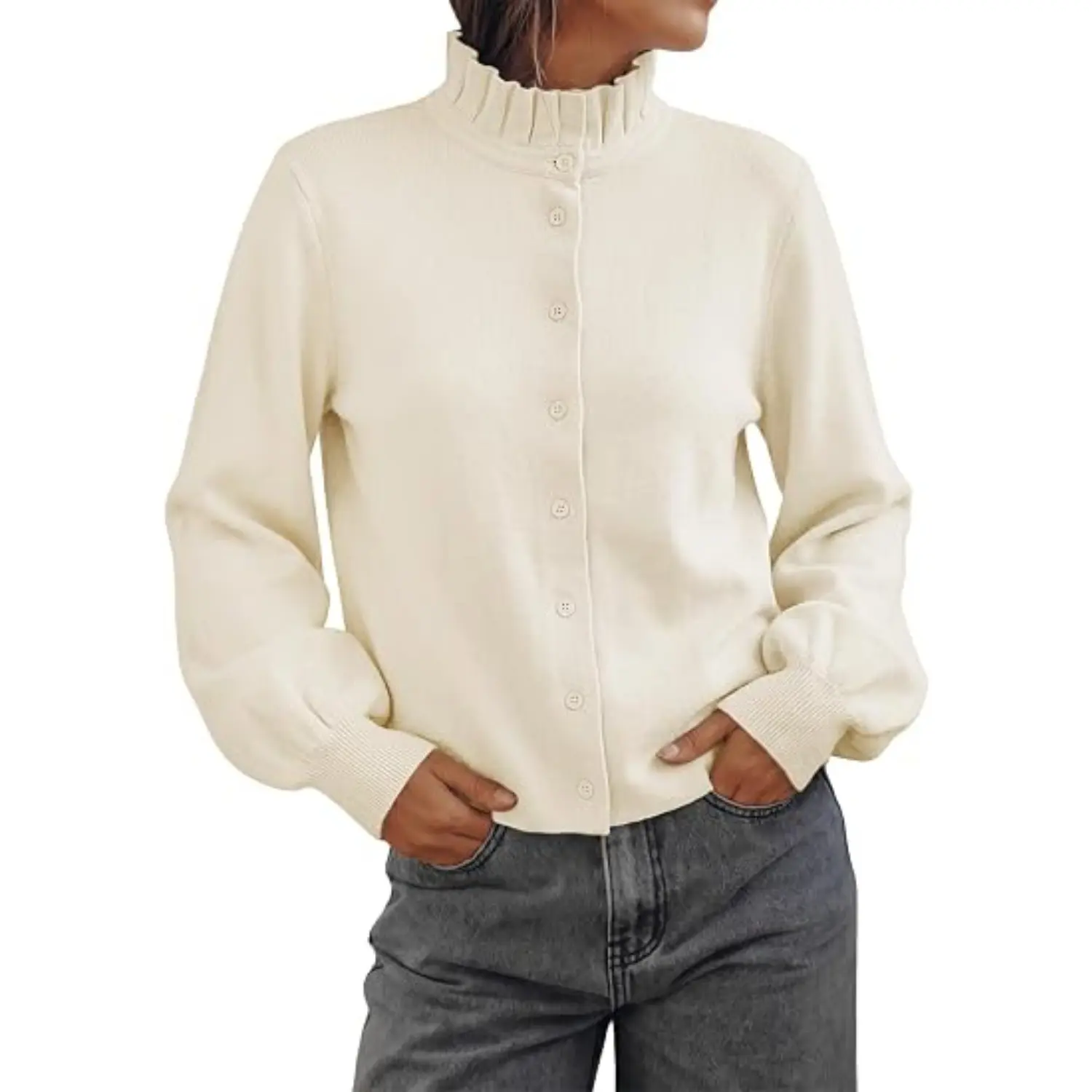 Cicy Bell Womens Puff Long Sleeve Cardigan Sweaters Ruffle Collar Knit Tops | Button Down, Open Front, High Collar, Lightweight Knitted Tops, Fall Winter, Trendy Casual
