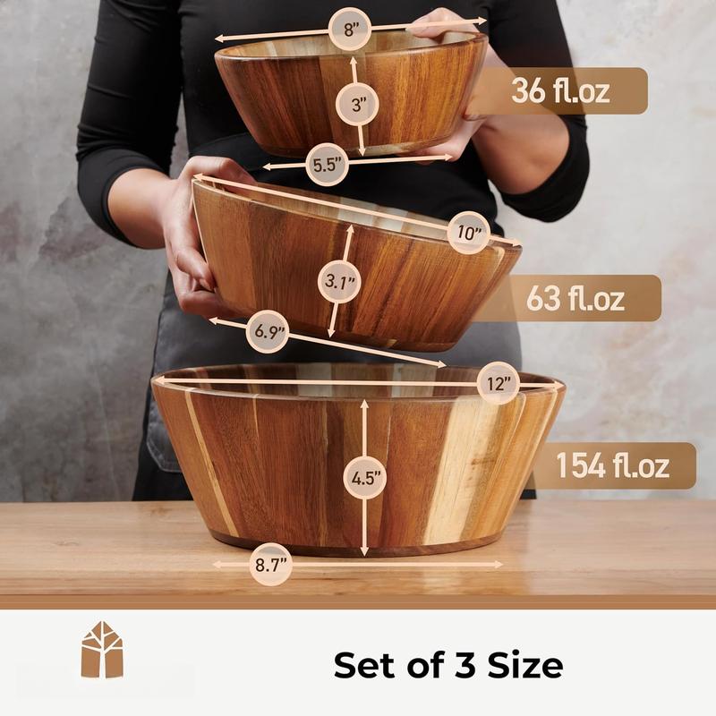 Wooden Bowls, Wooden Salad Bowl Set of 3 - Round Design Large Salad Bowl Set for Serving, , Durable and Stylish   Dining Accessory by