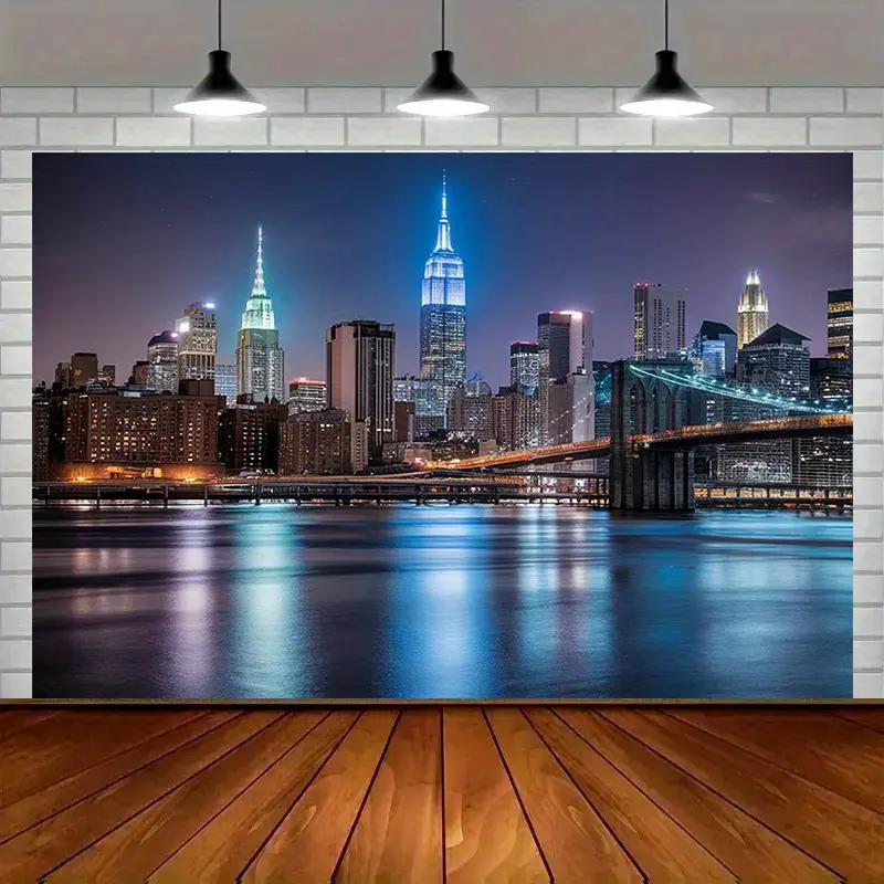 New York City Night Skyline Empire State Building Brooklyn Bridge River Light Reflection Tapestry Urban Cityscape Wall Hanging Modern Apartment Living Room Bedroom Wall Decor Photography Backdrop