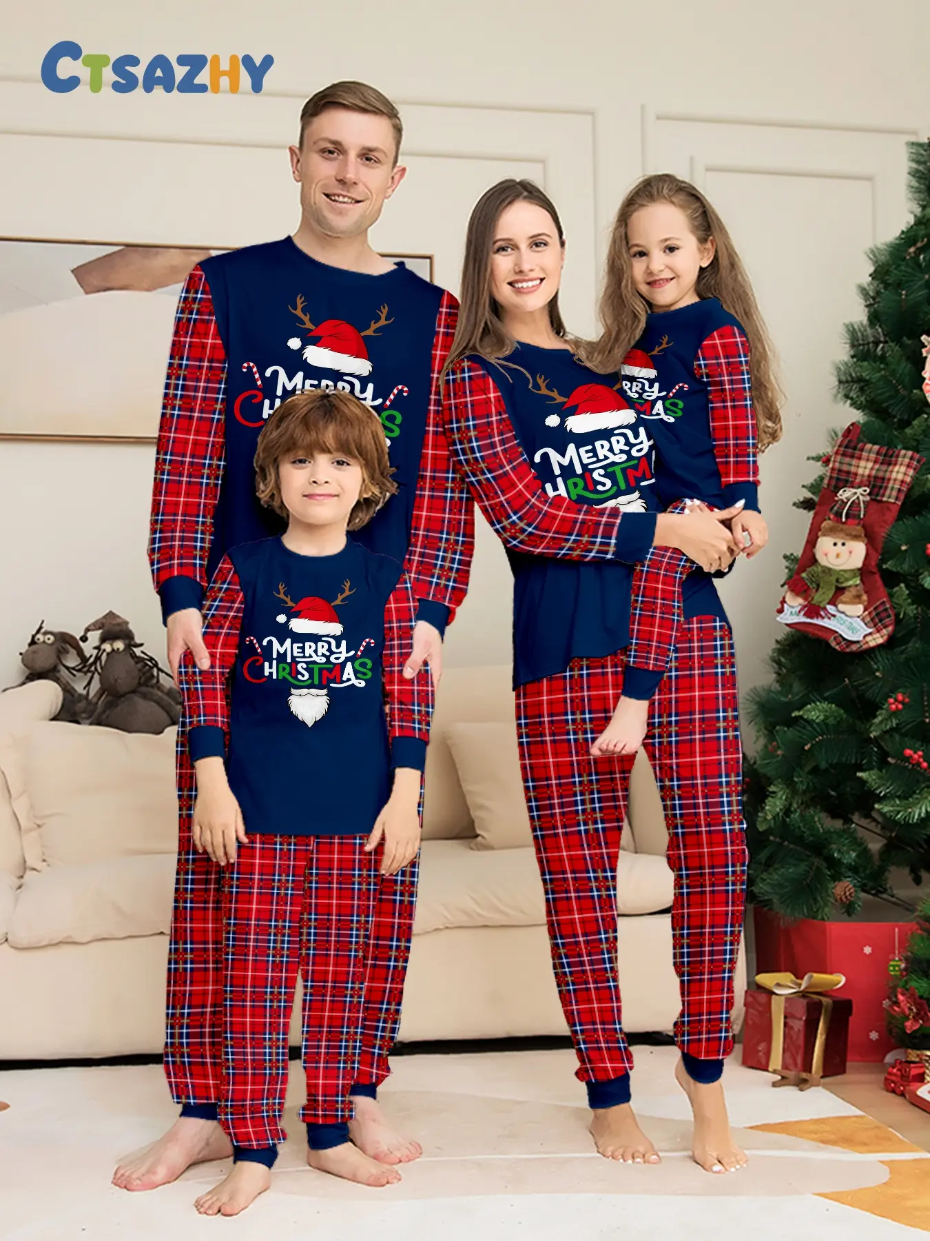 Family Matching Christmas Pajamas Set, & Plaid, Soft Breathable Fabric, All Seasons, Slim Fit, Perfect for Holidays