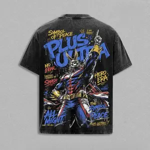 All Might My Hero Academia Vintage Washed Anime T-Shirt Symbol of Peace Hero Graphic Tee Oversized Heavyweight Cotton Shirt Unisex Manga Streetwear Top Gift for MHA Fans