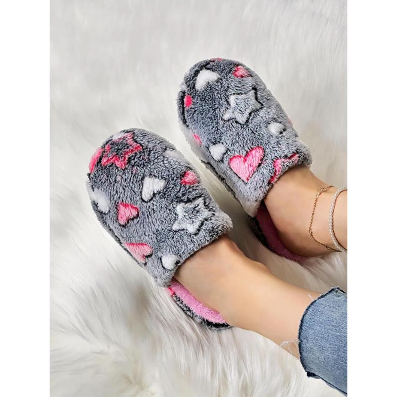 (New)2024 Cartoon Star & Heart Pattern Bedroom Slippers, Minimalist Comfortable Indoor Non-slip Slippers for Girl, Fluffy Warm Indoor Home Slippers for Back To School Dormitory Wear, Plush Footwear, Shoes for Women