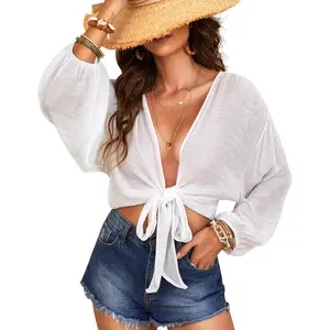 Women's Swimwear Cover Ups Tops Tunic Self-tie Swimsuit Bikini Bathing Suit Long Sleeve Soft Beach Shirt for Women(Gift)