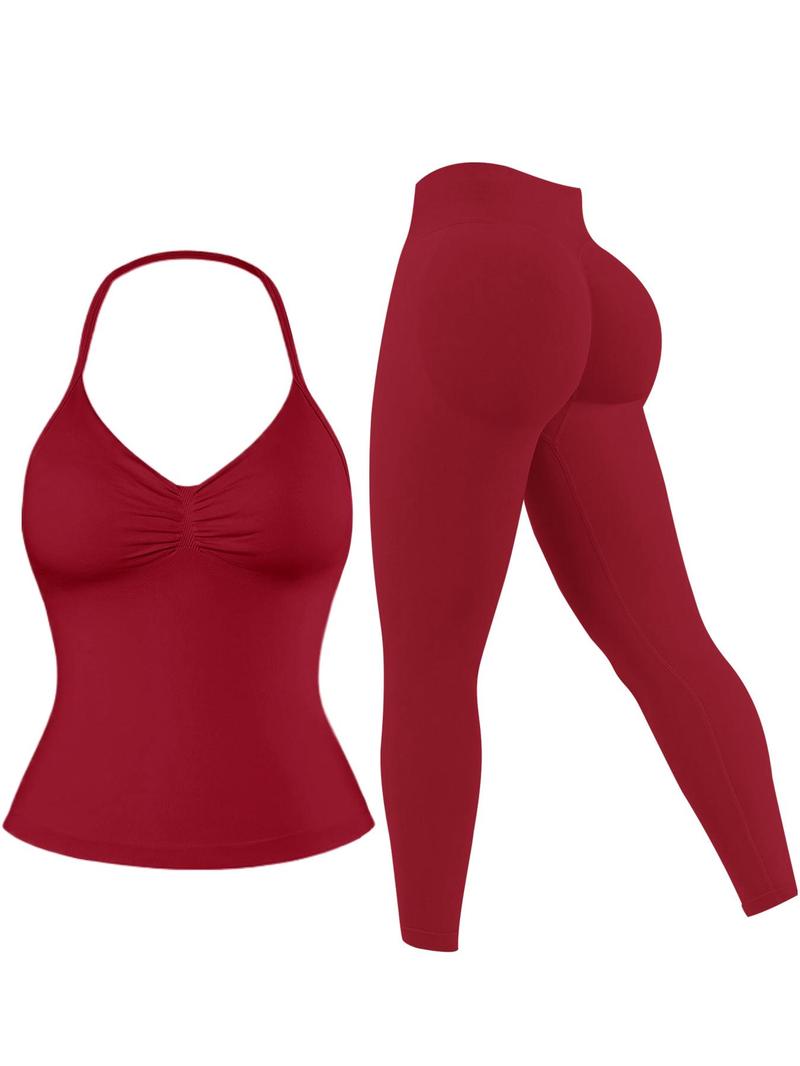 Women's Solid Halter Neck Sports Top & Leggings Set, Sporty Casual Breathable Two-piece Set for Yoga Gym Workout Running, Ladies Sportswear for All Seasons Workout Running Outfits