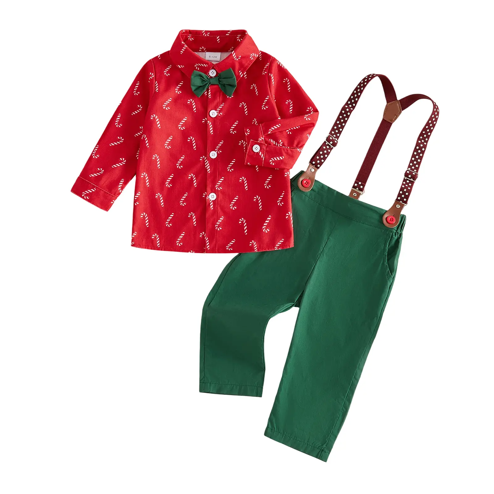 Toddler Baby Little Boys Christmas Outfit Long Sleeve Candy Cane Print Shirt/Romper with Suspender Pants Outfit 1-7 Years