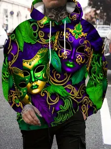 Carnival Mask Feather 3D Print Hoodie, Unisex Retro, Loose Fit Pullover, Fashionable Streetwear
