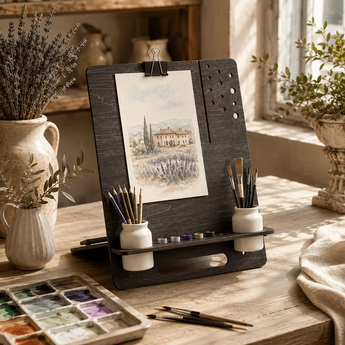 1pc Adjustable Wood Table Easel with Pen Storage Holes, Folding Desktop Drawing Board Stand for Watercolor, Sketching, Canvas Painting & Book Reading, Sturdy Beechwood Drafting Tabletop Holder, Studio Art Supplies Keepsake