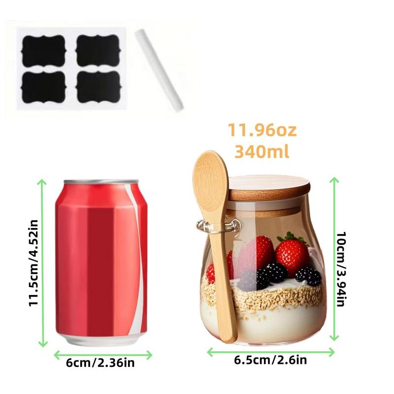 Glass Storage Jar with Lid & Spoon, 1/2/3/4 Counts Overnight-Oats Jar with Stickers & Pen, Food Storage Container for Yogurt, Spice, Salad, Kitchen, Glass Mason Jar