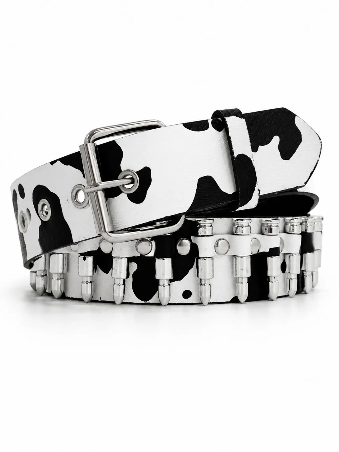 Cow Pattern Bullet Belt, Silver Color Rivet Decoration, Western Style Street Fashion Belt, Hip Hop Commute Belt