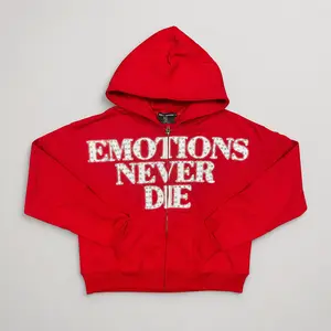 Mixed Emotion Rhinestone Hoodie Men Streetwear Zip Up Cardigan Red Graphic Print Y2K Gothic Hip Hop Sweatshirt Autumn Winter Oversized Casual Hooded Jacket Unisex