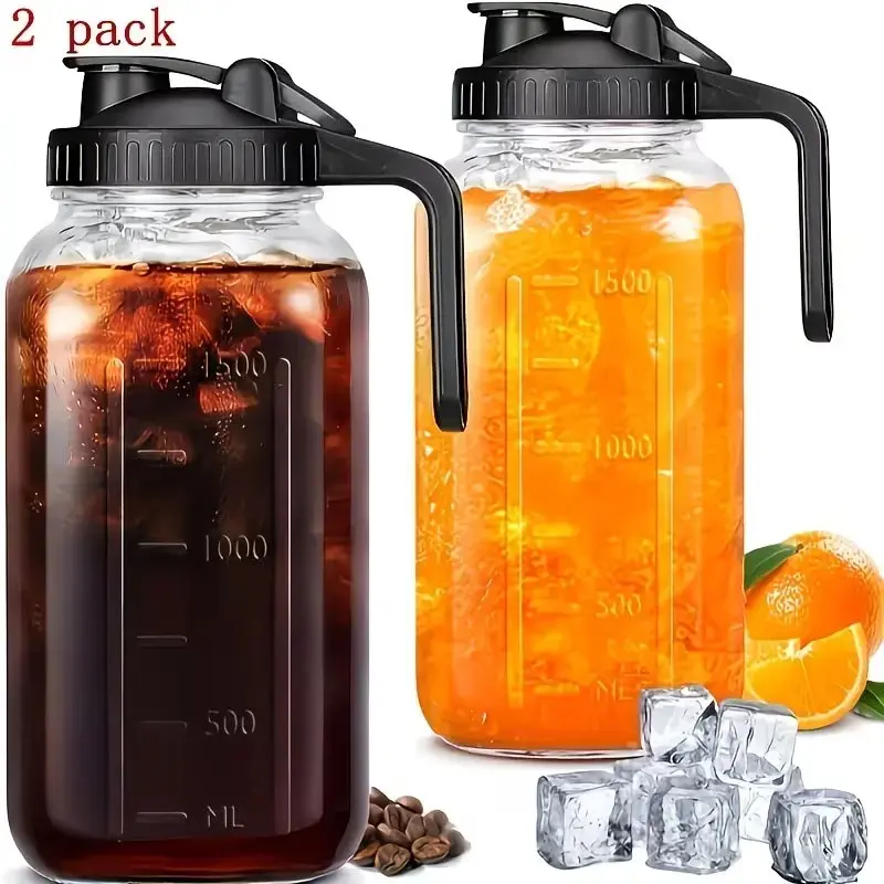 2 Pack 64 Oz Wide Mouth Jar Pitcher with Handle & Spout, Double Leak-Proof Glass Pitcher with Lid, 2 Quart Pitcher for Breastmilk Storage, Iced Tea, Milk, Fridge & Outdoor Camping, Drinkware, Sun Tea Pitcher-L