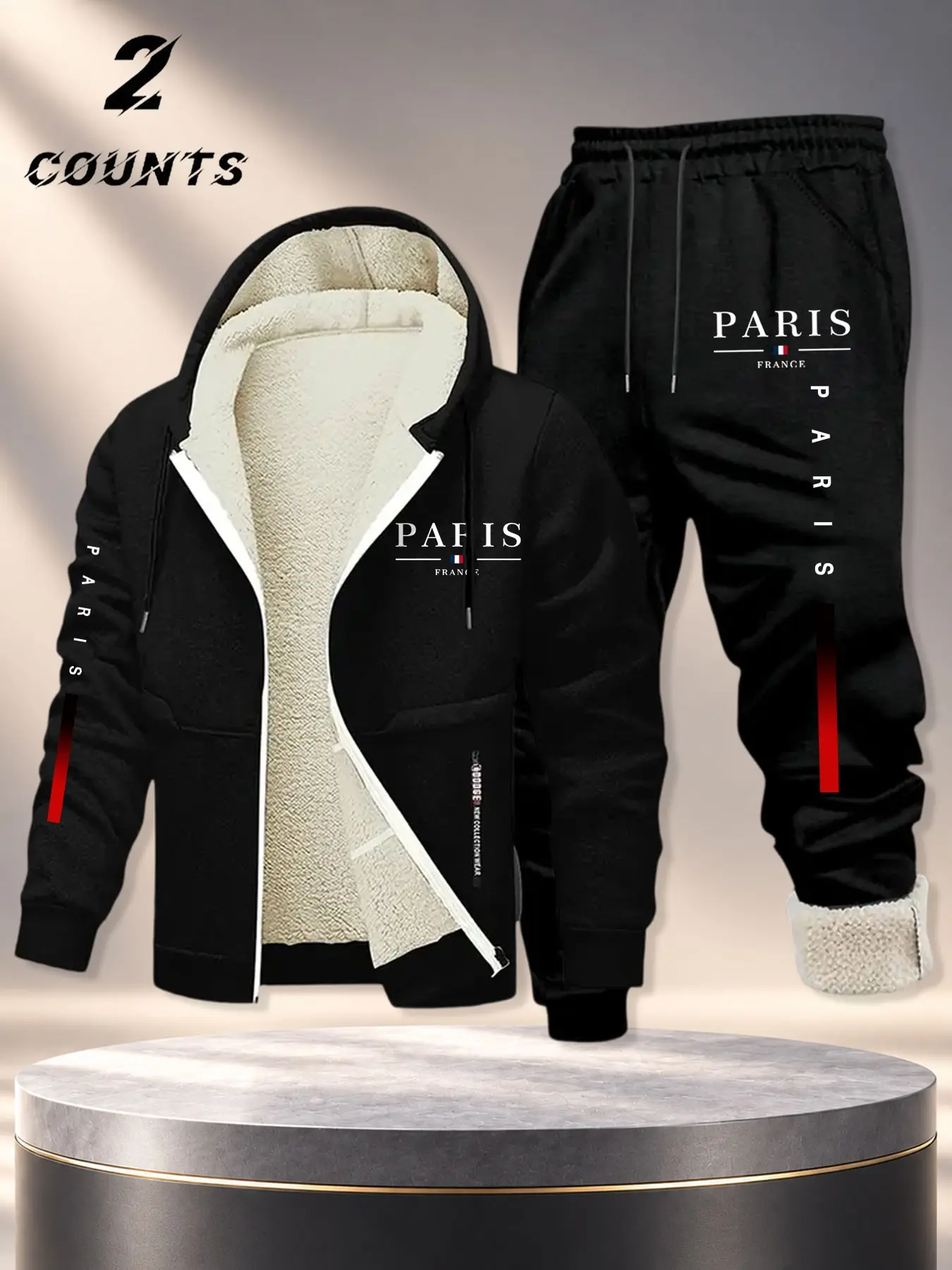 Men's Thickened Fleece Two-Piece Set, Paris Letter Print Zipper Hoodie and Sweatpants, Autumn Winter Warm Casual Sports