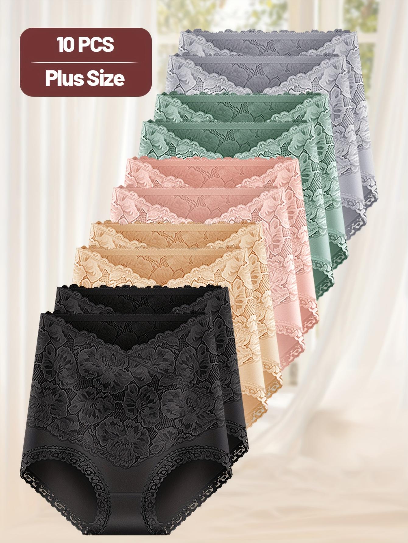 10 pieces of women's plus-size high-waisted seamless tummy control panties - lace-trimmed, medium stretch, comfortable for daily wear, elegant solid color, exquisite design, moderate elasticity, stylish and durable, exclusive for slim curves