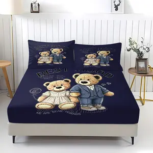 A pair of teddy bear printed bed sheets, including 1 bedsheet and 2 pillowcases, with anti slip and dust-proof covers suitable for bedrooms and guest rooms, suitable for personal use or gift giving