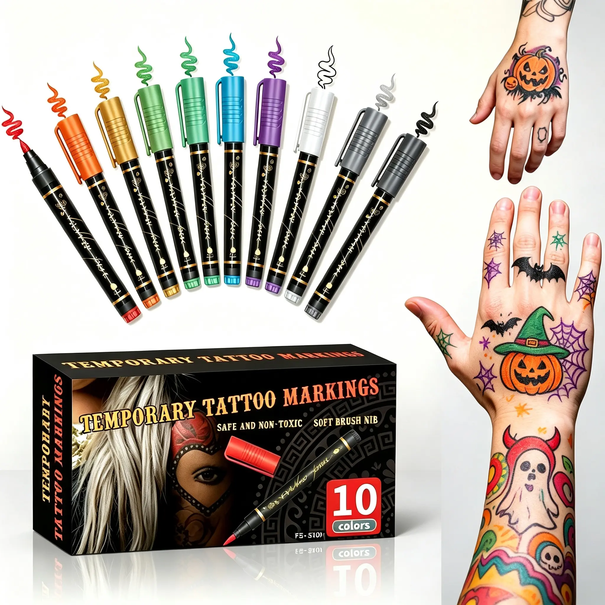 Halloween Temporary Tattoo Marker Pen Set, Face & Body Paint Markers, DIY Body Art and Drawing, Ideal for Halloween and Party Use