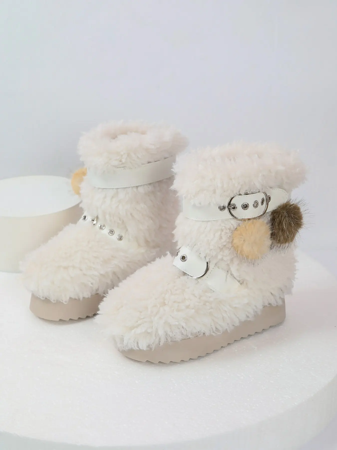 Height-Boosting Warm Thick Sole Mid-Calf Snow Boots, Teddy Roll Lamb Fur Dual Buckle Pom-Pom Decor, Fall Winter Outdoor Insulated Cotton Boots