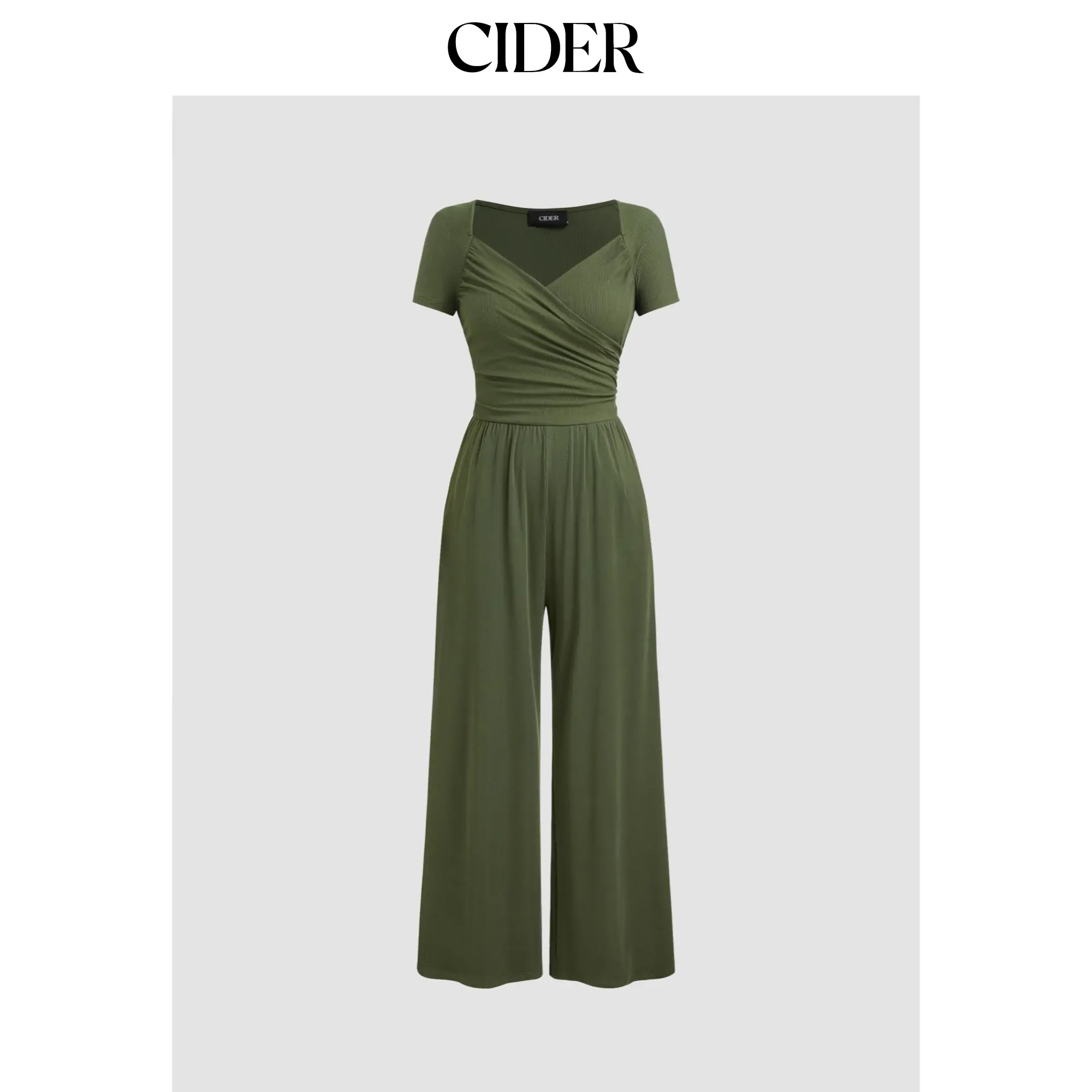 Cider [2 colors, size 2-10] V-neck Solid Ruched Straight Leg Jumpsuit