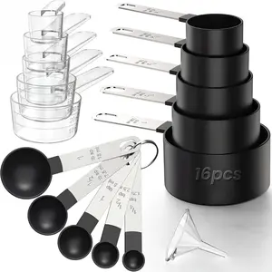 16PCS Measuring Cups and Spoons Set with Metric and US Measurements, Suitable for Measuring Dry and Liquid Ingredients, Black