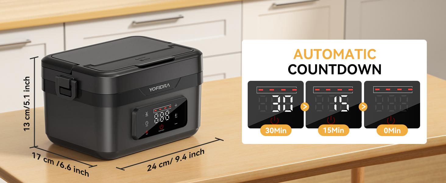 Yofidra Stylish Cordless Portable Electric Heated Lunch Box 1.5L-6 Cups Self-Heating with 10000mAh Battery Timer & Temp Control Food Warmer for Adults Office Outdoor Black Tableware Meal Prep Containers Stainless Steel Bento Square