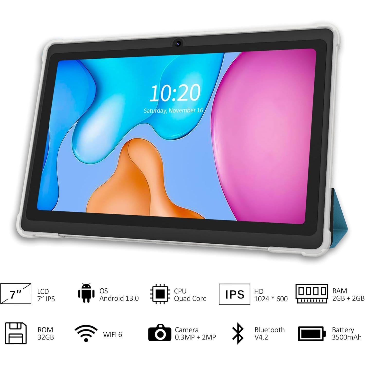 7 Inch Tablet, Quad Core Android 13 OS, 32GB ROM, WiFi, Bluetooth, Dual Camera, USB C Tablet PC, 7" Touch Screen IPS HD Display Android PAD for Gifts(Blue)
