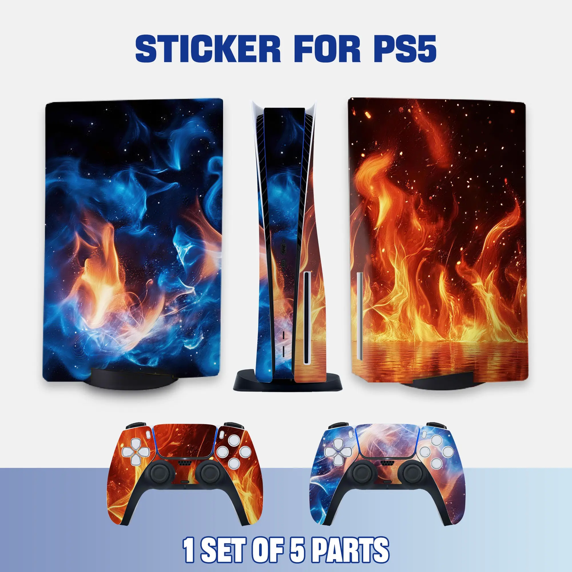 Fire & Ice PS5 Disc Edition Vinyl Skin Sticker for Console & Controllers, Waterproof, Scratch-Resistant, Dustproof, Removable & No Residue