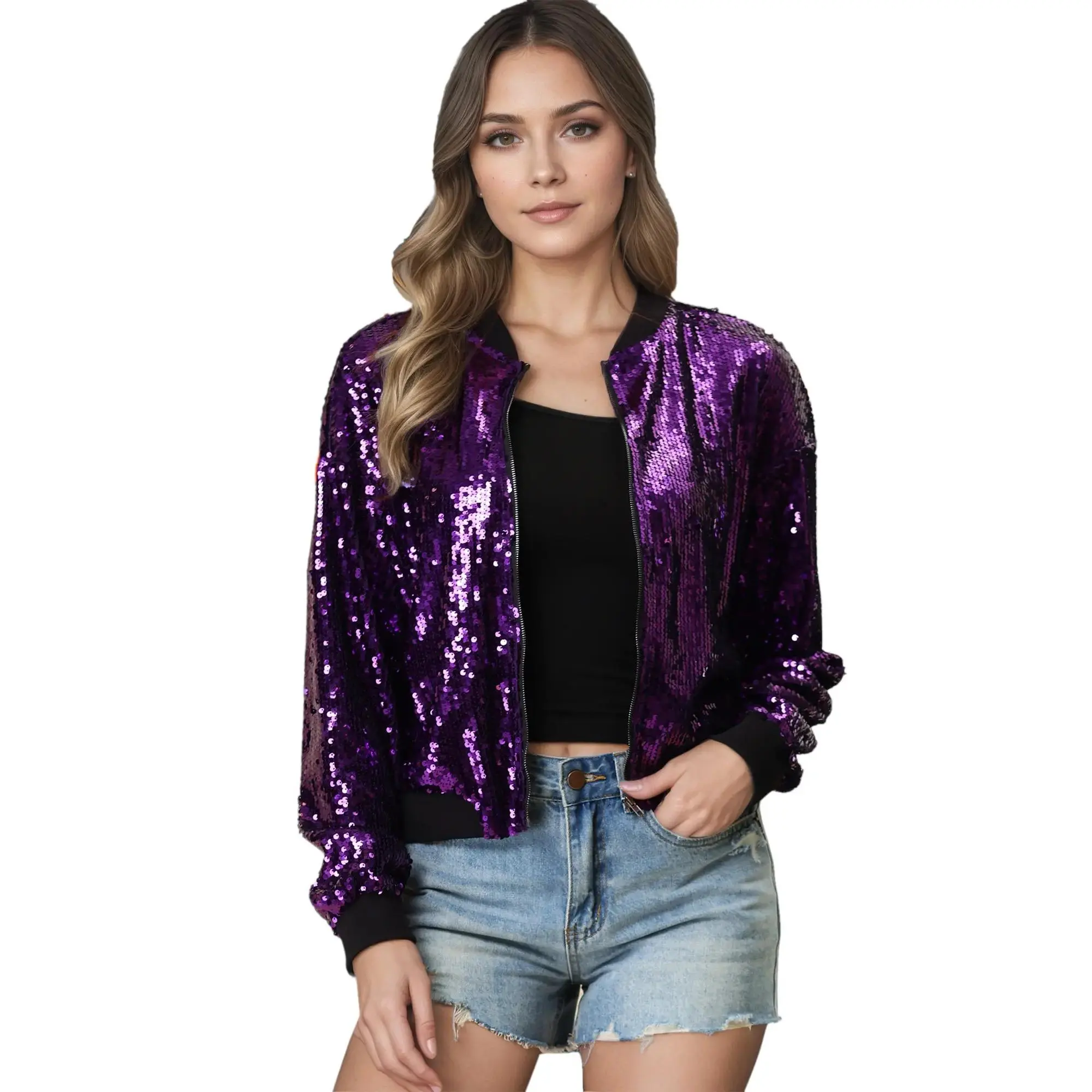 Sequin Jacket Long Sleeve Zipper Shiny Glitter Sparkly Bomber Jackets