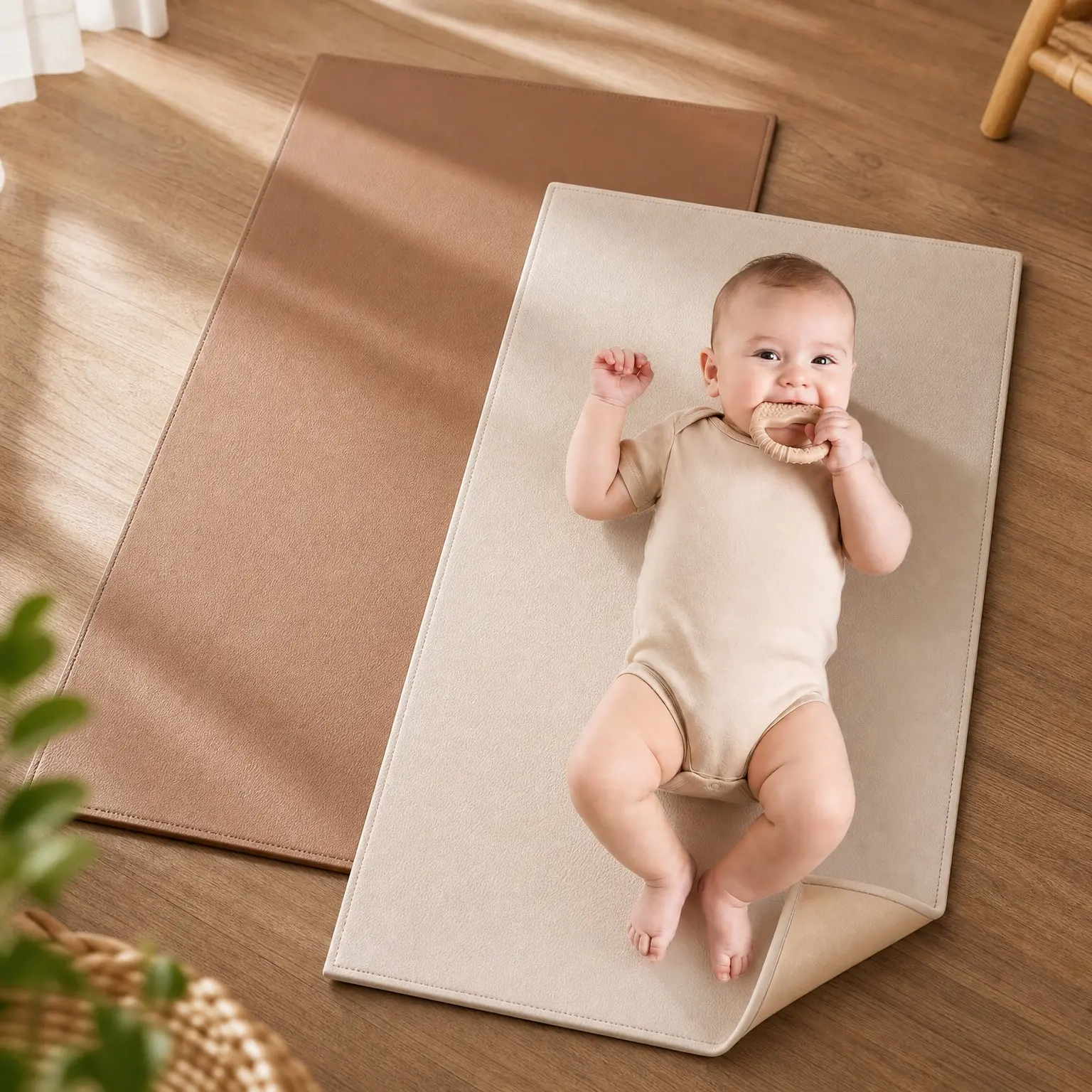 Faux Leather Waterproof Baby Changing Mat 2 Pack, Regular 30"x17" | Wipeable & Foldable Portable Diaper Changing Pad, Fits Diaper Bags for Travel, Home & On-the-Go (Brown, Beige)Gift