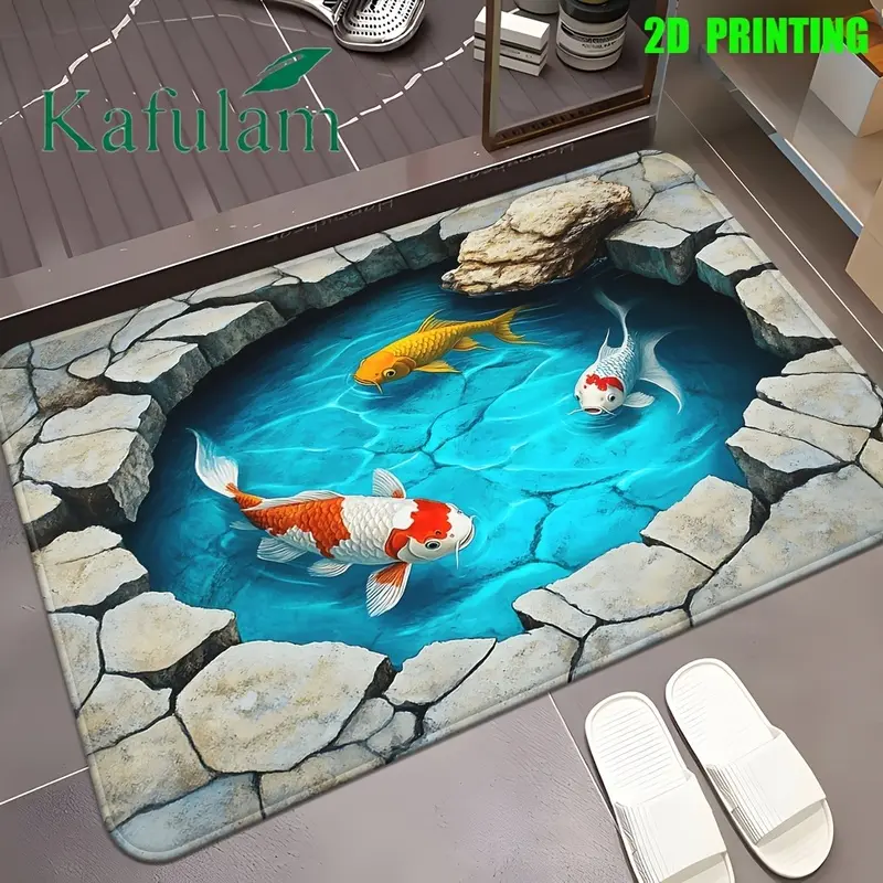 Koi Fish Pattern Non-Slip Flannel Floor Mat - Multi-Purpose Bath Mat for Home Entry, Kitchen, Bathroom bedroom non-slip floor toilet
