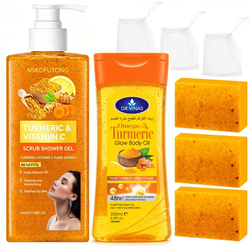 Turmeric set shower gel+Body OIL+Soap+Sparking mesh bag scrub shower gel deep cleaning bath cleansing soap skincare oil moisturizing all year round suitable for Body, Face, Hand, Lip, Eye, travel Body Care Sets Body Care Bundle Skin Care Kits