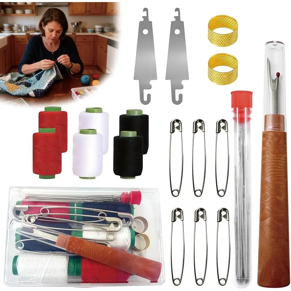 Big Eye Steel Sewing  Kit - Hand Sewing Kit with 5 Sizes of Big Eye Steel ,  Threaders, Sewing Ripper, and Sewing Thread. Travel and Wedding  Sewing Kit with Storage Case