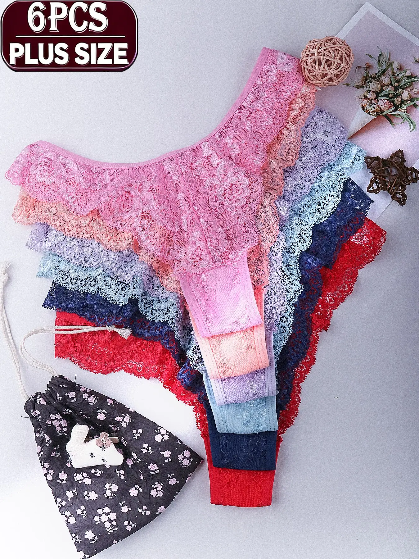 6PCS Plus Size Floral Lace Thong Panties for Women,Low Rise V Waist Sheer Hollow Breathable Curvy Ladies Elegant Underwear Multipack Summer Sheer Breathable Knicker