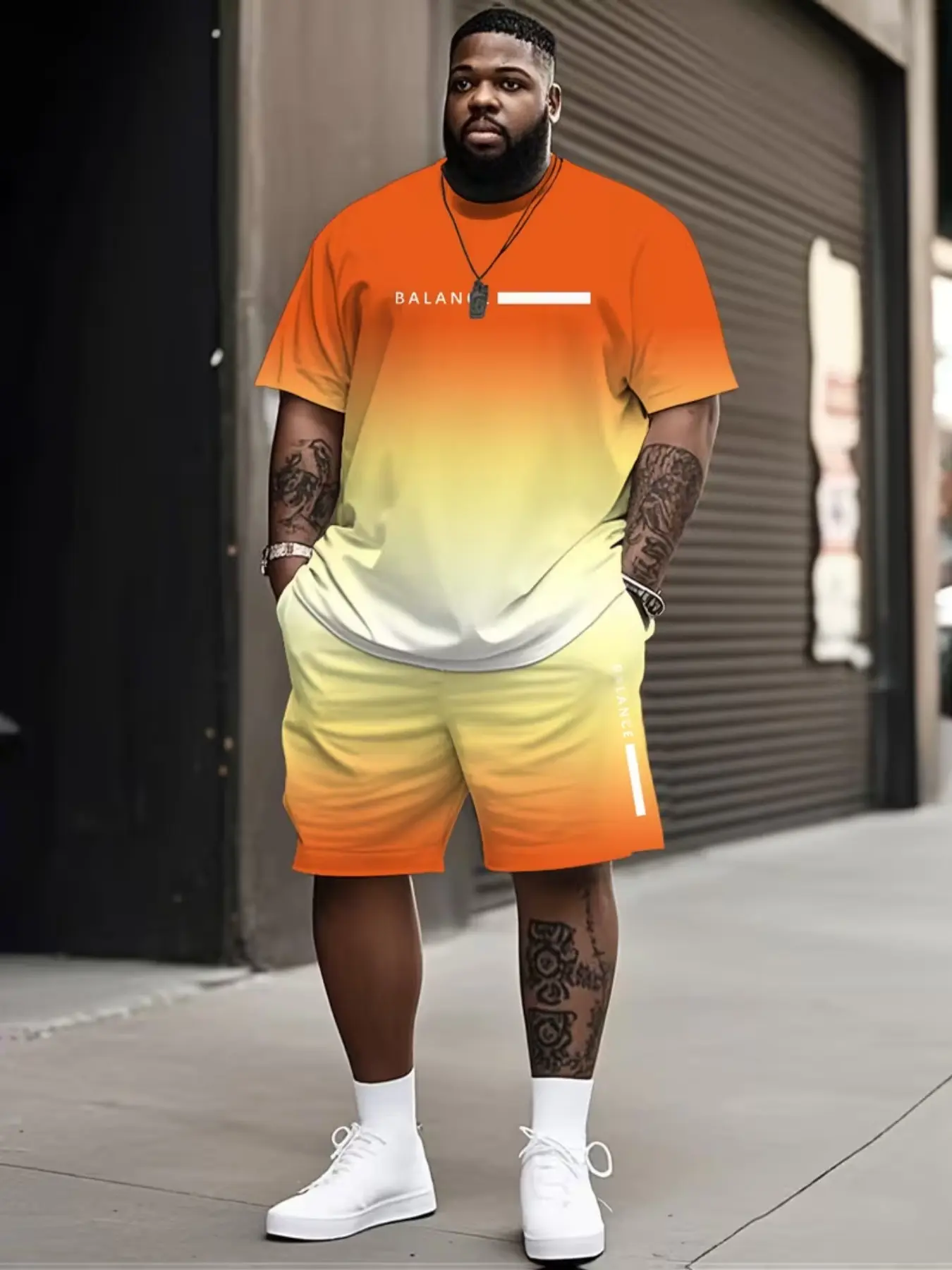 Men's Plus Size 3D Print Ombre Casual Two-Piece Set, Gradient Letter Round Neck Short Sleeve T-Shirt and Shorts, Comfortable for Home and Outdoors