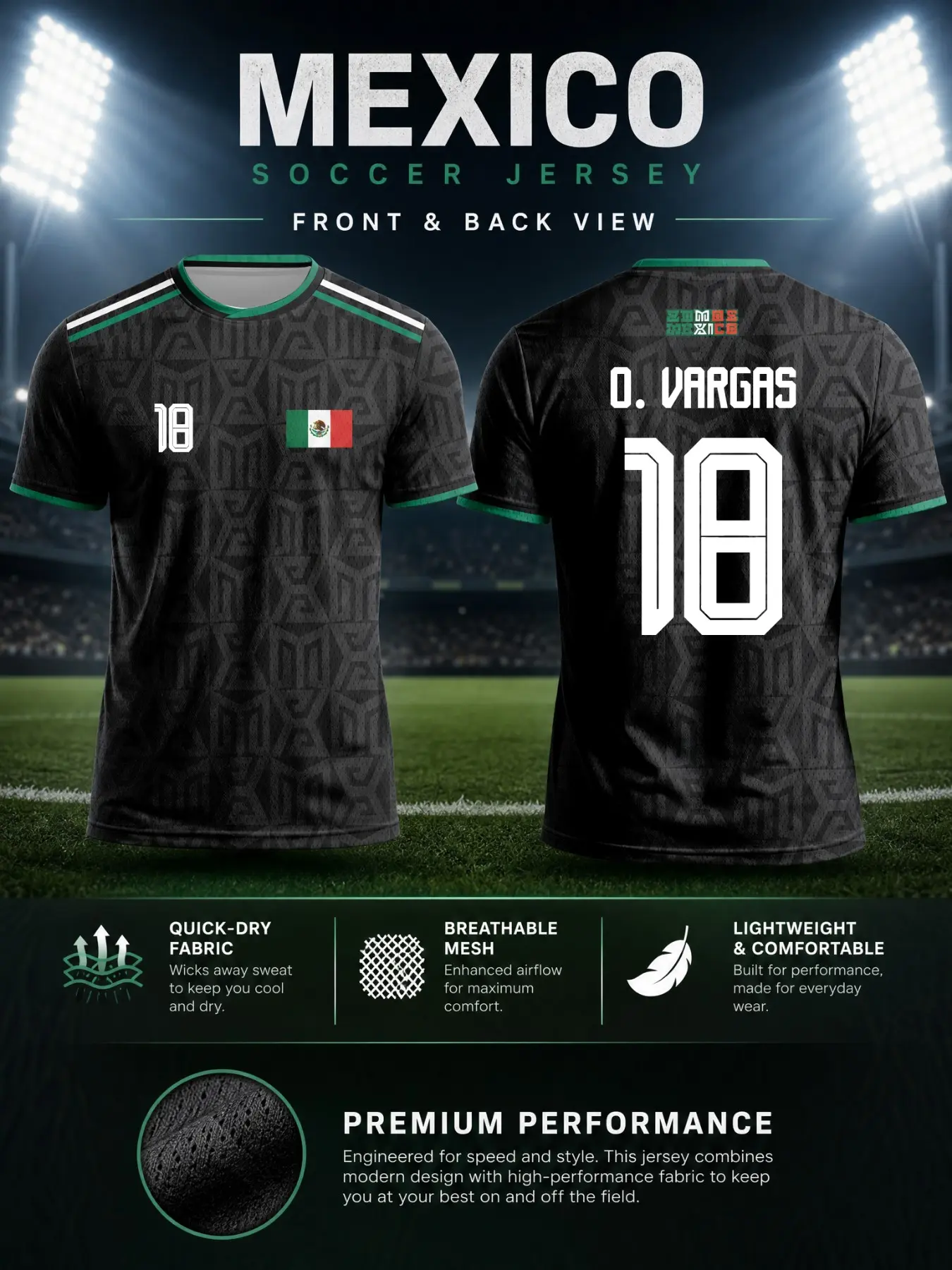 Mexico 2026 Men's Soccer Jersey Black Aztec Football Shirt - Quick-Dry Fabric Sportswear - Mexican National Team Fan Apparel - Breathable Mesh Tee